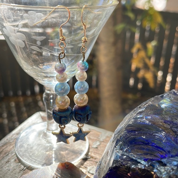 Handmade Beaded Earrings w Blue on Golden Enamel Charm New & Upcycled Beads - Picture 2 of 5